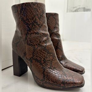 Brown Faux Snake Block Heel Ankle Boots